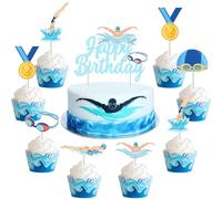 JOYMEMO 25 Pcs Swim Party Cake Decorations - Swimming Happy Birthday Cake Topper with Cupcake Toppers Double Sided Printing for Swim Pool Theme Birthday Party Supplies