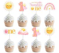 JOYMEMO 36 Pièces Toppers Cupcakes 1er Anniversaire Rose Soleil Double Face - Décoration Gâteau Notre Petit Soleil a Un An Fille