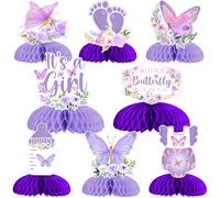 JOYMEMO 8 Pieces Purple Butterfly Baby Shower Honeycomb Centerpieces - Butterfly Baby Shower Decorations for Girls, A Little Butterfly Is on the Way Table Toppers for Pregnancy Newborn Party
