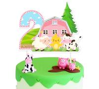 JOYMEMO Animaux de la ferme 2ème anniversaire gâteau décoration rose - Ferme 2e anniversaire décorations de fête fille, grange de ferme double face deuxième anniversaire décoration de gâteau