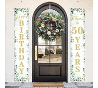 JOYMEMO Bannière de porte « Happy 50th Birthday » - Décoration Anniversaire de porte - Vert sauge et or - Bannière de porte à suspendre pour homme et femme - Cheer to 50 ans