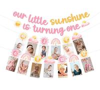 JOYMEMO Bannière Notre Petit Soleil a Un An avec Photo Nouveau-Né à 12 Mois Décoration 1er Anniversaire Rose Jaune Soleil Fille