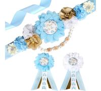 JOYMEMO Blue Tea Kit écharpe de maternité - Fleur sur le thème du thé, ceinture ventrale et épingles à corsage pour future maman et papa pour futur père, accessoires photo, théière pour fête prénatale