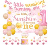 JOYMEMO Décoration 1er Anniversaire Rose Jaune Soleil pour Filles - Notre Petit Soleil a Un An Fond Bannière Topper Gâteau Toppers Cupcakes Ballon Chiffre 1