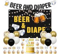 JOYMEMO Décoration Baby Shower Noir et Or Bière et Couche - Fond Bière et Couche, Bannière, Topper Gâteau avec Toppers Cupcakes Un Bébé Arrive Double Face pour Fête Grossesse Nouveau-Né