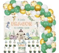 JOYMEMO Décoration Bébé Dragon "Éclosion Prochaine" - Toile de Fond Aquarelle "Un Petit Dragon Arrive", Topper Gâteau "Bienvenue Bébé" Dragons Toppers Cupcakes pour Kit Arche Guirlande Balloons