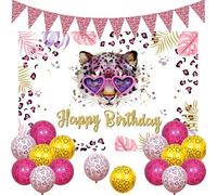 JOYMEMO Décoration d'anniversaire guépard pour filles - Comprend une bannière à fanions imprimé léopard « Happy Birthday » - Ensemble de ballons imprimés léopard pour fête sur le thème des animaux de