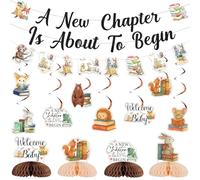 JOYMEMO Décoration Fête Bébé Livre, Bannière "Un Nouveau Chapitre Commence", Spirales Suspendues Animaux Forêt, Centrepieces Alvéolés Célébration Grossesse Fête Nouveau-Né