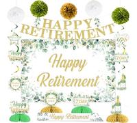 JOYMEMO Décoration Fête Retraite Verdure pour Femmes Hommes, Bannière Toile de Fond "Joyeuse Retraite", Spirales Suspendues, Centrepieces Alvéolés, Écharpe, Pompons Papier Fête Adieu Départ