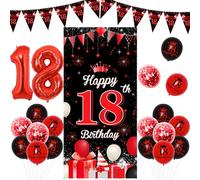 JOYMEMO Décorations d'anniversaire rouge noir 18e anniversaire fille garçon, 18e jalon anniversaire porte bannière, drapeaux triangulaires et ballons à confettis imprimés en latex, dix-huit ans