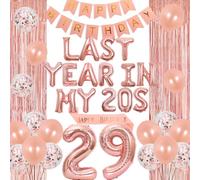 JOYMEMO Décorations de 29e anniversaire pour femme - Bannière « Last Year In My 20s » - Décoration d'anniversaire pour femme avec ballon en aluminium en forme de chiffre 29, écharpe