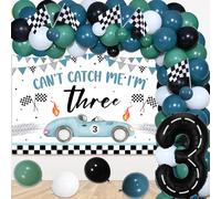 JOYMEMO Décorations de 3e anniversaire de voiture de course vintage pour garçons - Kit d'arche de ballons de voiture de course avec toile de fond Can't Catch Me I'm Three - Ballon de course numéro 3,