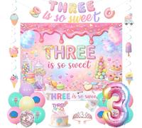 JOYMEMO Décorations de 3e anniversaire en forme de donut pour fille | Three Is So Sweet Kit de fournitures de fête avec toile de fond de 1,5 x 0,9 m, banderole couronne, ballons, tourbillons