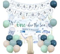 JOYMEMO Décorations de fête d'anniversaire pour garçons sur le thème de l'océan avec bannière du monde sous-marin, ballons rétro pour animaux marins, décoration de fête d'un an