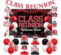 JOYMEMO Décorations de réunion de classe rouge et noire - Bannière de fond, reunited and it Feels so Good à suspendre, centres de table en nid d'abeille, ballons pour école primaire et lycée
