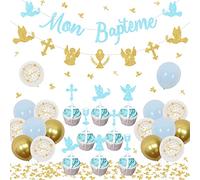JOYMEMO Décorations Mon Baptême Décorations de Première Communion Or Bleu Mon Baptême Bannière Ange Croix Pigeon Graal Guirlande Cupcake Toppers pour Garçons Filles Baby Shower Décorations