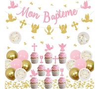 JOYMEMO Décorations Mon Baptême Décorations Première Communion Or Rose Mon Baptême Bannière Ange Croix Pigeon Graal Bunting Garland Cupcake Toppers pour Garçons Filles Baby Shower Décorations