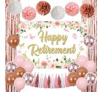 JOYMEMO Décorations Retraite Florales Femmes, Fond Joyeuse Retraite, Franges Papillon, Tresses Papier, Pompons pour Fête Adieu Départ