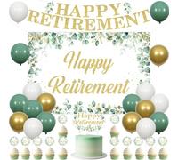 JOYMEMO Ensemble Décorations Retraite Vert Sauge Hommes Femmes - Ballon Fête Retraite Bannière, Topper Gâteau, Picots et Fond, Fournitures Fête