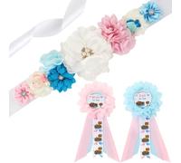 JOYMEMO Kit de ceinture de grossesse pour fête prénatale sur le thème de la pêche - Épingles à corsage pour future maman et futur papa - Accessoires de fête - Rose et bleu