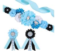 JOYMEMO Kit de ceinture de maternité en forme de vache bleue et noire - Ceinture ventrale pour fête prénatale et épingles à corsage pour future maman et papa à être - Écharpe de grossesse en forme