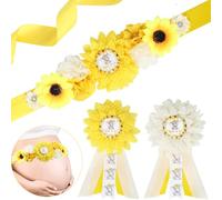 JOYMEMO Kit d'écharpe de maternité pour fête prénatale avec motif éléphant et tournesol jaune - Ceinture ventrale pour fête prénatale et épingles à corsage maman et papa pour futurs parents,