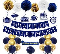 JOYMEMO Lot de 30 décorations de fête de retraite bleu marine et doré pour homme et femme, bannière « Happy Retirement » à suspendre, pompons et ballons en papier