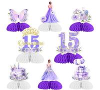 JOYMEMO Lot de 8 centres de table Quinceanera en nid d'abeille violet - Décorations de 15e anniversaire pour fille, papillon floral, quinceanera, décorations de table Mis Quince Anos 15 ans