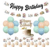 JOYMEMO Storybook Décorations d'anniversaire sur le thème du livre Joyeux anniversaire Bannière gâteau Cupcake Topper Storybook Signe Ballons en latex Bibliothèque Lecture Livre Club Bday Retour à