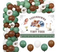 JOYMEMO Touchdowns and Tiny Toes Kit d'arche de ballons de football avec toile de fond en vinyle de 1,5 x 0,9 m, ballons vert sauge, marron, blanc, points adhésifs et bande