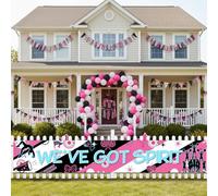 JOYMEMO We've Got Spirit Bannière de cour de pom-pom girl 4,5 x 3 m, décoration extérieure sur le thème de la joie, rose, bleu et noir, pour filles, toile de fond de compétition ou affichage de cabine
