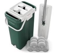 JOYMOOP Balai à Franges commerciales Robustes pour Le Nettoyage du Sol, Balai à Franges et Seau avec Seau de Grande capacité, Vert forêt, Comprend 5 serpillères réutilisables en Microfibre