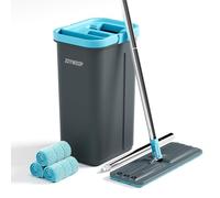 JOYMOOP Ensemble Mopa Et Seau avec Essoreuse, 3 Tampons Microfibre Réutilisables, pour Sols Et Murs, Mopa Mains Libres Usage Domestique - Gris + Bleu Cyan