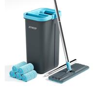 JOYMOOP Ensemble Mopa Et Seau avec Essoreuse, 5 Tampons Microfibre Réutilisables, pour Sols Et Murs, Mopa Mains Libres Usage Domestique - Gris + Bleu Cyan