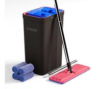 JOYMOOP Ensemble Mopa et Seau avec Essoreuse, Balai Plat Mains Libres et Seau, avec 4 Tampons en Microfibre Lavables, Usage Humide et Sec, Système de Nettoyage de Sols - Noir + Rouge + Bleu Ardoise