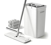 JOYMOOP Ensemble serpillère et seau avec essoreuse Ensemble seau à serpillère plat blanc pour le nettoyage des sols Balai à franges sec et humide