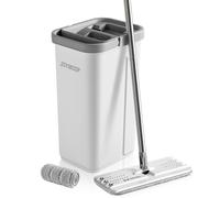 JOYMOOP Ensemble serpillère et seau avec essoreuse, serpillère plate à tête plate pour nettoyage des murs avec long manche, serpillère en microfi