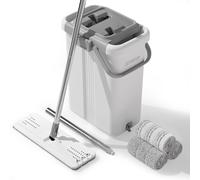 JOYMOOP Ensemble serpillère et seau avec essoreuse, serpillère plate avec seau (XL), serpillère à poussière pour nettoyeur mural avec long manche