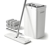 JOYMOOP Ensemble serpillère et seau avec essoreuse, serpillères plates pour le nettoyage du sol, nettoyeur de mur avec long manche, balai à franges en bois dur avec 6 tampons en microfibre