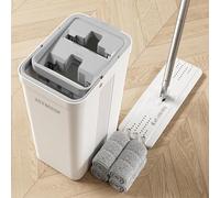 JOYMOOP Ensemble serpillère et seau avec essoreuse, serpillères plates pour le nettoyage du sol, nettoyeur de mur avec long manche, balai à franges en bois dur avec 4 tampons en microfibre