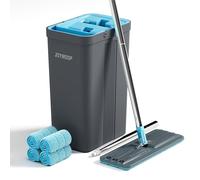 JOYMOOP Ensemble serpillère et Seau avec essoreuse, serpillères pour Nettoyage du Sol, Nettoyeur Mural avec Long Manche, avec 4 serpillères réutilisables en Microfibre - Gris + Bleu Cyan