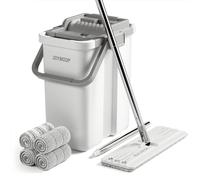 JOYMOOP Serpillère et Seau avec Essoreuse, Balai à Tête Plate et Poussière, Nettoyeur Mural à Long Manche, Mains Libres en Microfibre pour Nettoyage du Sol - Blanc