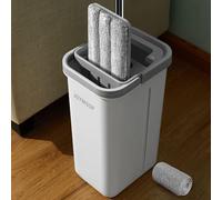 JOYMOOP Serpillère et seau avec essoreuse, balai mains libres pour sol plat et seau, avec 1 tampon en microfibre lavable, utilisation humide et sèche, système de nettoyage du sol
