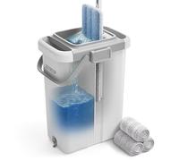 JOYMOOP Serpillère et Seau avec essoreuse, Balai Plat à Presser avec Seau (Taille XL) pour Nettoyeur Mural avec Long Manche, Balai en Microfibre - Seau Blanc avec 3 tampons réutilisables