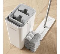 JOYMOOP - Serpillère plate avec lingette en microfibre et seau avec essoreur, avec long manche, utilisation humide ou sèche, nettoyage de la maison, pour parquet, stratifié, carrelage