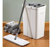 JOYMOOP - Serpillère plate et seau avec essoreur, avec 5 lingettes en microfibre, utilisation humide et sèche, pour parquet, stratifié, carrelage