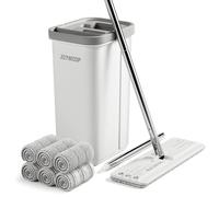 Joymoop Serpillère plate et seau avec essoreur - Balai de 152 cm avec 6 serpillères en microfibre réutilisables, utilisation humide et sèche, système de nettoyage du sol