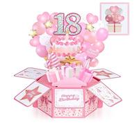 Joyoldelf Carte d'anniversaire 18 ans pour filles et femmes, carte pop-up 3D pour 18e anniversaire, motif gâteau d'anniversaire rose, motif ballon d'anniversaire, enveloppe incluse, cadeau idéal pour