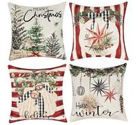 joyoldelf Housse Coussin Noel 45x45 cm - Lot de 4 Housse de Canapé Père Arbre Noël Coton et Lin Décoratif Taie d'oreille, Decoration de Noel Interieur, Coussins et Accessoires pour Chambre, Chaise