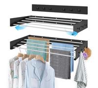 Joyoleder Séchoir à linge mural de 80 cm - Extensible - Peu encombrant - Avec 6 crochets pour serviettes - Pour l'intérieur ou l'extérieur - Balcon - Terrasse - Noir